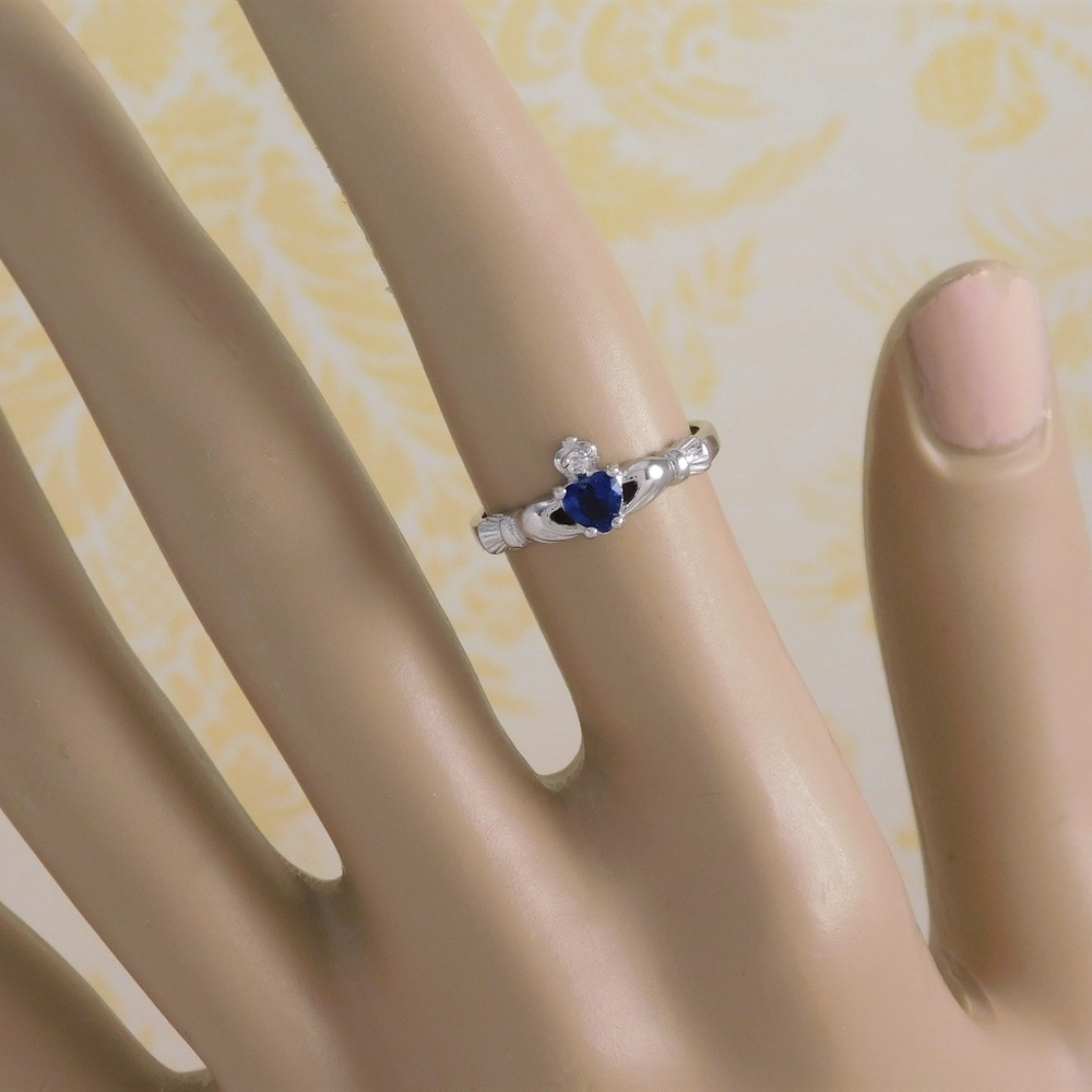 Dainty Irish Claddagh Ring with Blue Sapphire - Picture 4 of 4